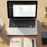 A clean, well-lit workspace viewed from above features a laptop displaying a financial or dashboard interface. Surrounding it are a steaming cup of coffee, a small potted plant, eyeglasses, and a smartphone. In the foreground, an open notebook shows the handwritten text “₹1 Lakh,” suggesting a financial goal or target. Warm sunlight casts soft shadows across the desk, creating a productive and aspirational atmosphere.