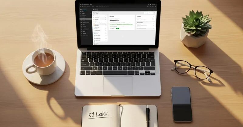 A clean, well-lit workspace viewed from above features a laptop displaying a financial or dashboard interface. Surrounding it are a steaming cup of coffee, a small potted plant, eyeglasses, and a smartphone. In the foreground, an open notebook shows the handwritten text “₹1 Lakh,” suggesting a financial goal or target. Warm sunlight casts soft shadows across the desk, creating a productive and aspirational atmosphere.