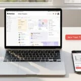 A bright, minimalist workspace scene with a laptop centered on a white desk, displaying a Notion dashboard interface. To the left sits a sleek white water bottle, and to the right are a ceramic mug and a smartphone showing a shopping app. A floating label reads “New Sale! ₹2,500,” suggesting an e-commerce or productivity context. Soft daylight from a nearby window casts gentle shadows, creating a clean, modern aesthetic.