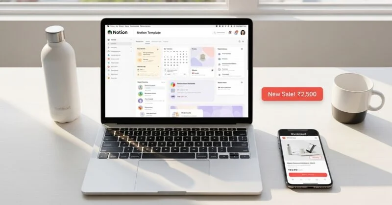 A bright, minimalist workspace scene with a laptop centered on a white desk, displaying a Notion dashboard interface. To the left sits a sleek white water bottle, and to the right are a ceramic mug and a smartphone showing a shopping app. A floating label reads “New Sale! ₹2,500,” suggesting an e-commerce or productivity context. Soft daylight from a nearby window casts gentle shadows, creating a clean, modern aesthetic.