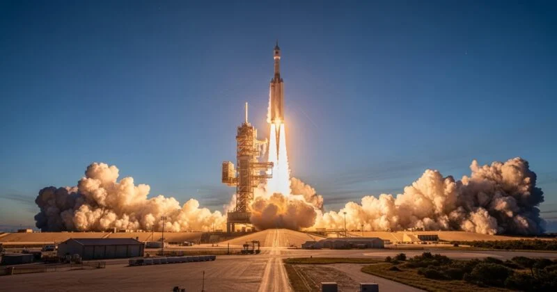 A rocket launches from a ground-based launch pad, ascending rapidly into a clear blue sky. Bright flames and exhaust burst from its engines, creating large billowing clouds of smoke on either side of the pad. The scene is captured from a distance, showing surrounding structures, flat terrain, and a long roadway leading toward the launch site, emphasizing the scale and power of the liftoff.