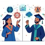 Flat vector illustration of two graduates in caps and gowns facing each other, smiling and gesturing. Above them are icons representing skills and fields—AI brain, bar chart growth, coding gear, cloud database, and design compass—suggesting technology, analytics, programming, data, and design education paths. Clean, modern style with blue and orange accents on a light background.