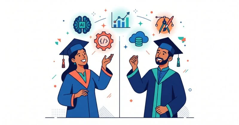 Flat vector illustration of two graduates in caps and gowns facing each other, smiling and gesturing. Above them are icons representing skills and fields—AI brain, bar chart growth, coding gear, cloud database, and design compass—suggesting technology, analytics, programming, data, and design education paths. Clean, modern style with blue and orange accents on a light background.