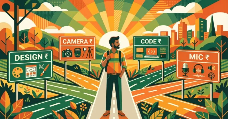 A vibrant, stylized illustration shows a young man standing at a crossroads with multiple paths extending in different directions. Each path is marked by signboards representing creative and digital career options—“Design ₹” (with graphics tools), “Camera ₹” (photography/video gear), “Code ₹” (programming), and “Mic ₹” (audio/podcasting). The background features a colorful sunrise over a cityscape, symbolizing opportunity and growth. The scene conveys the idea of choosing between different skill-based income paths in the digital economy.