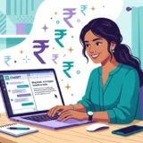 A stylized illustration of a young woman working on a laptop at a tidy desk in a bright home setting. She is smiling as she types, with the laptop screen showing a ChatGPT interface and a blog draft titled “AI & Digital Growth in India.” Surrounding her are floating rupee (₹) symbols, visually representing income or financial growth. The workspace includes a cup, notebook, pen, smartphone, and small plants, with shelves and a window in the background. The overall scene conveys content creation, AI-assisted work, and earning opportunities in a modern digital environment.