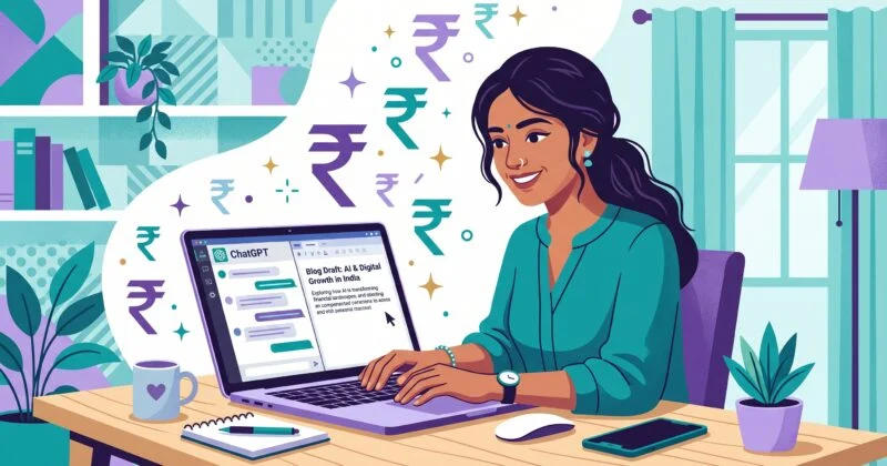 A stylized illustration of a young woman working on a laptop at a tidy desk in a bright home setting. She is smiling as she types, with the laptop screen showing a ChatGPT interface and a blog draft titled “AI & Digital Growth in India.” Surrounding her are floating rupee (₹) symbols, visually representing income or financial growth. The workspace includes a cup, notebook, pen, smartphone, and small plants, with shelves and a window in the background. The overall scene conveys content creation, AI-assisted work, and earning opportunities in a modern digital environment.