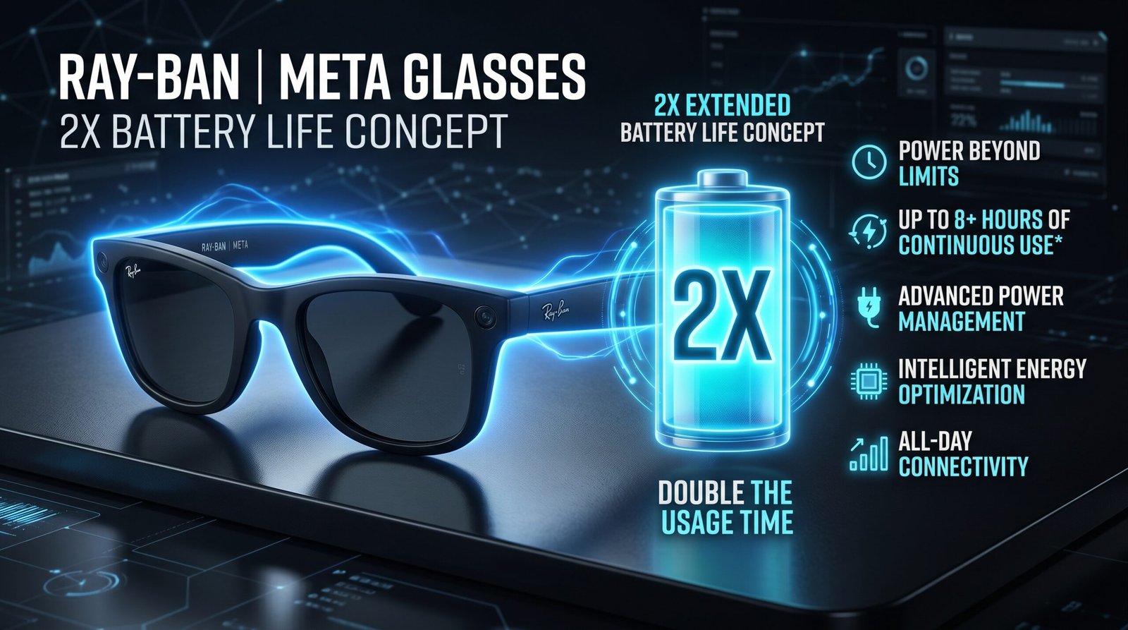 Ray-Ban Meta Gen 2 2X battery life infographic — extended power upgrade review