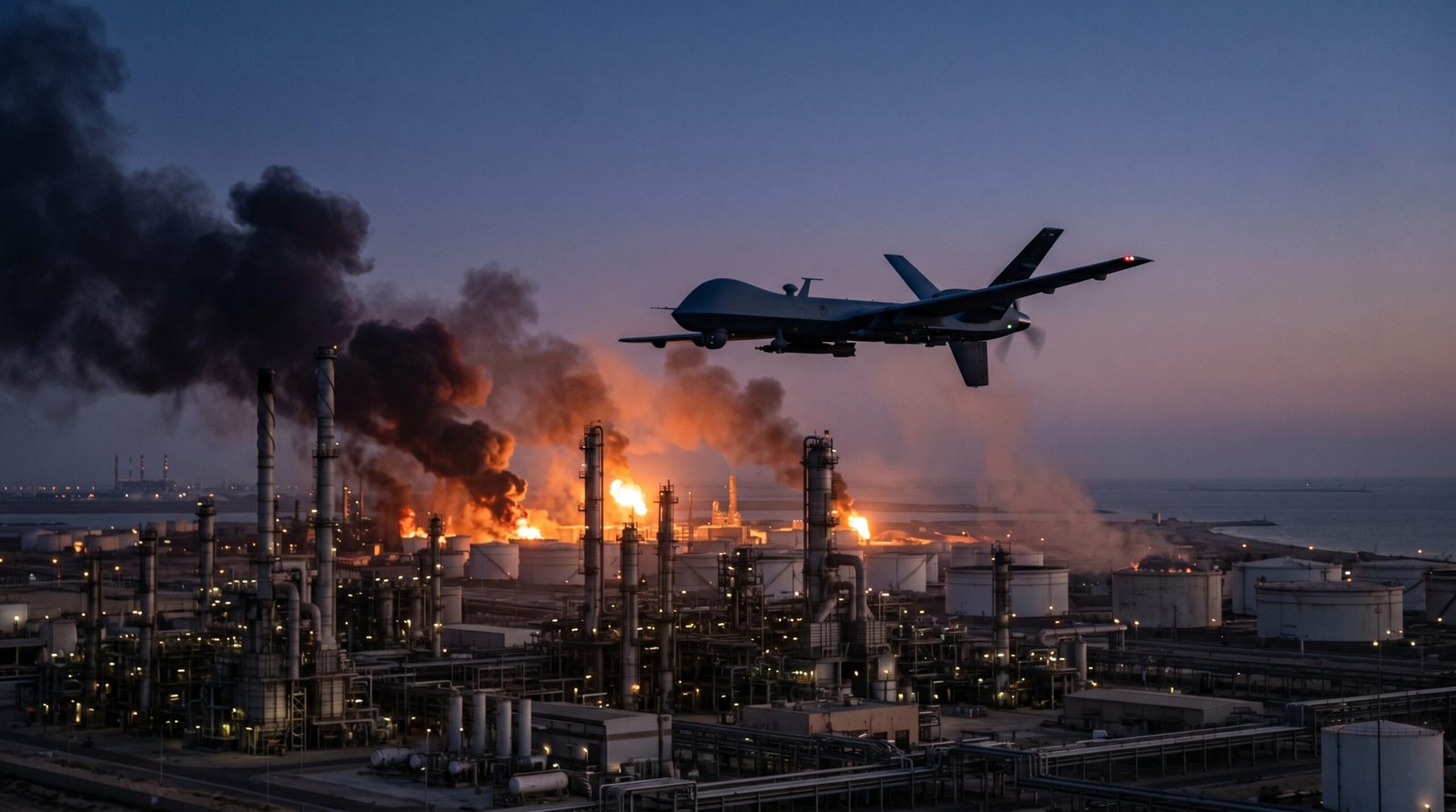 Military drone attacking Russian oil refinery — Ukraine drone strike 2026