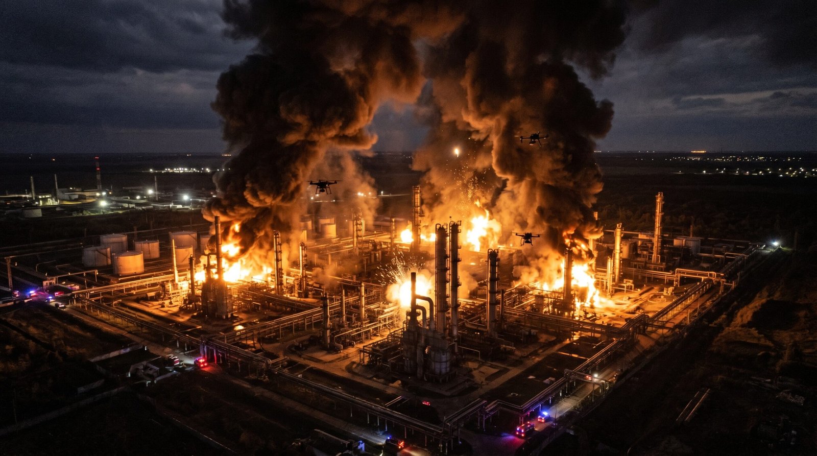 Tuapse Russian oil refinery on fire — night aerial view after Ukrainian drone strike April 2026