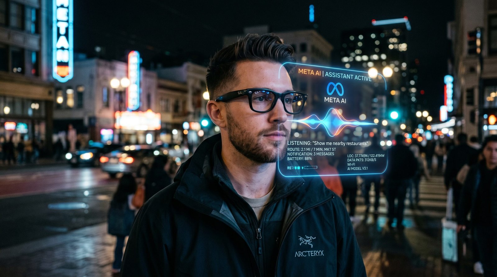 Person using Meta AI on Ray-Ban smart glasses — voice assistant HUD 2025