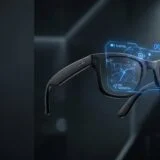 Ray-Ban Meta smart glasses displaying augmented reality interface with GPS navigation, AI assistant, and real-time data overlay in a futuristic setting
