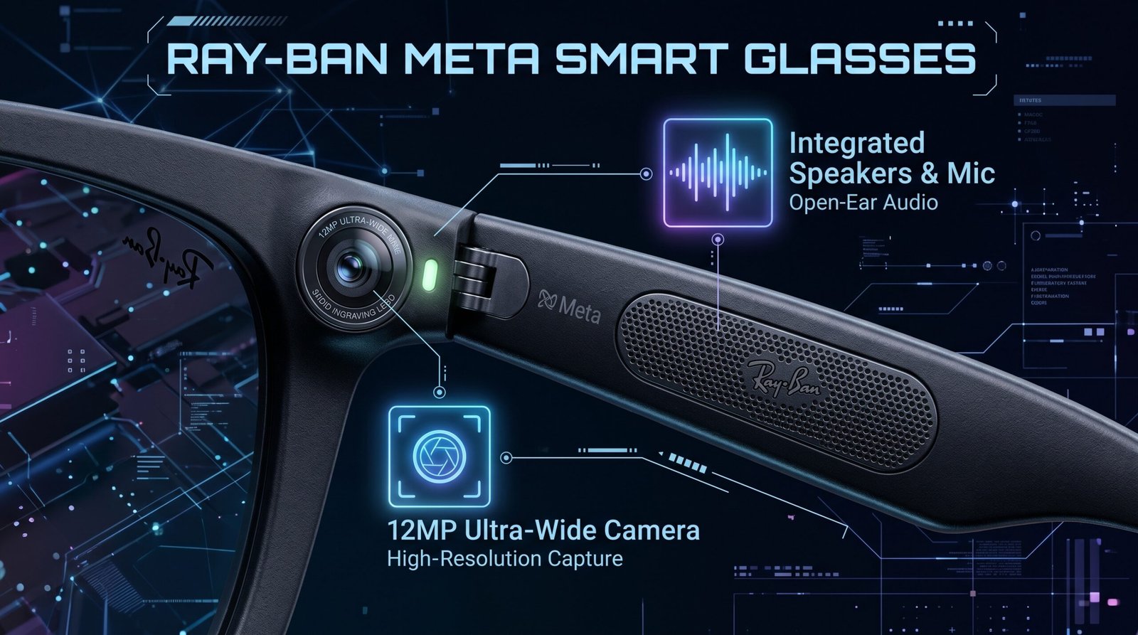Ray-Ban Meta Gen 2 12MP ultra-wide camera and audio speaker detail review