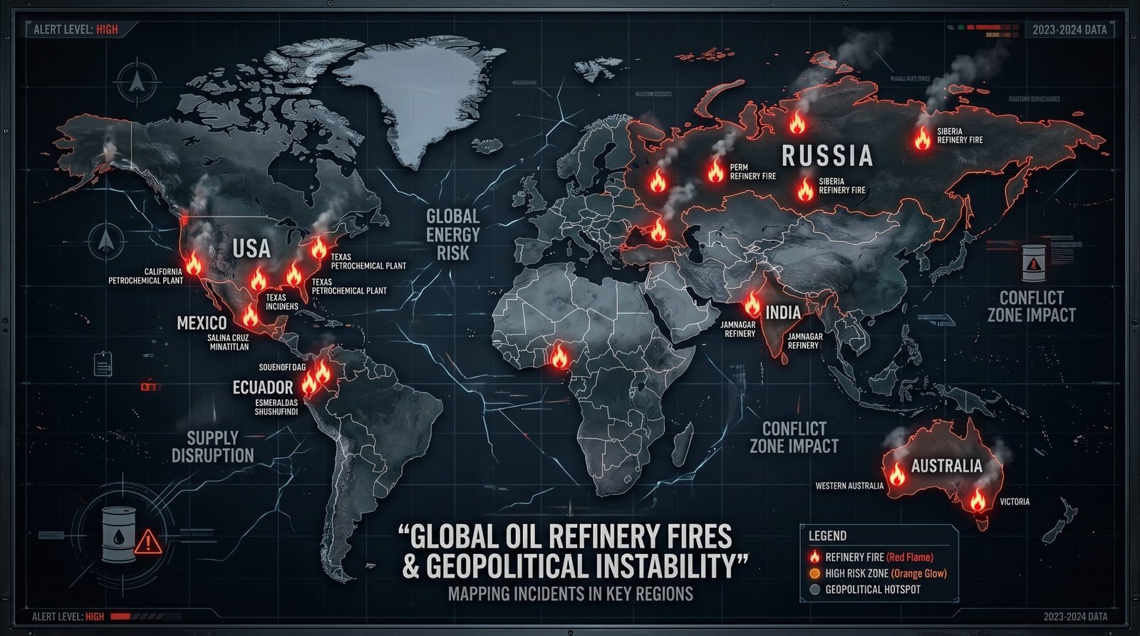World map showing oil refinery fire locations 2026 — global energy disruption