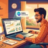 A stylized illustration of a young man working on a laptop in a cozy home office. He sits at a desk near a window with warm daylight, smiling as he analyzes charts and graphs on his screen showing earnings and growth in Indian rupees. Around him are visual cues of online income streams—labels for YouTube (create and grow), Fiverr (freelance services), and Canva (design graphics). The workspace includes a cup labeled “Chai & Code,” headphones, a notebook titled “Ideas,” plants, books, and a small trophy on a shelf. A wall poster reads “Dream. Create. Earn.” The scene conveys productivity, freelancing, and digital entrepreneurship.