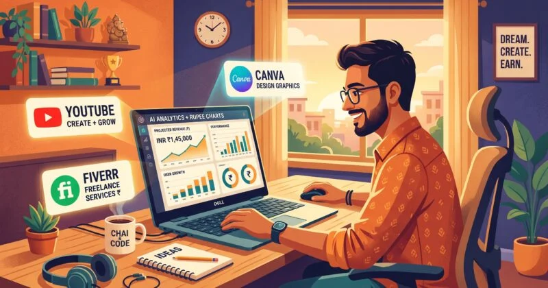 A stylized illustration of a young man working on a laptop in a cozy home office. He sits at a desk near a window with warm daylight, smiling as he analyzes charts and graphs on his screen showing earnings and growth in Indian rupees. Around him are visual cues of online income streams—labels for YouTube (create and grow), Fiverr (freelance services), and Canva (design graphics). The workspace includes a cup labeled “Chai & Code,” headphones, a notebook titled “Ideas,” plants, books, and a small trophy on a shelf. A wall poster reads “Dream. Create. Earn.” The scene conveys productivity, freelancing, and digital entrepreneurship.