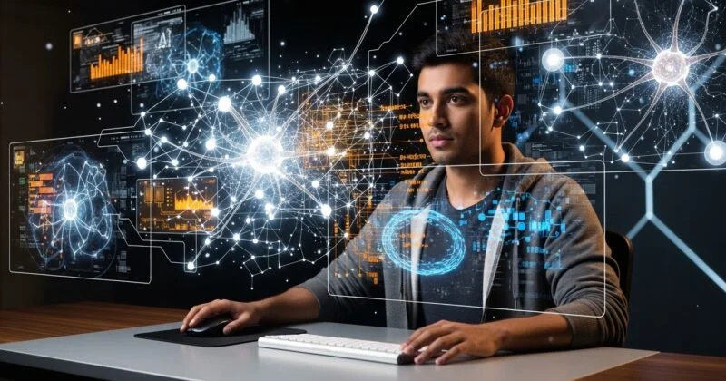 A man sits at a desk working on a computer, surrounded by futuristic, holographic-style digital overlays. The transparent interface displays interconnected nodes, data visualizations, charts, and network diagrams, suggesting artificial intelligence, data science, or advanced analytics. He appears focused, using a mouse and keyboard, while the glowing graphics create a high-tech, immersive environment that emphasizes innovation and complex problem-solving.