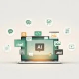 AI tools interface on laptop with floating icons for chat, images, coding, and productivity on a clean minimal background