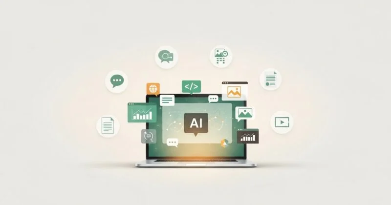 AI tools interface on laptop with floating icons for chat, images, coding, and productivity on a clean minimal background