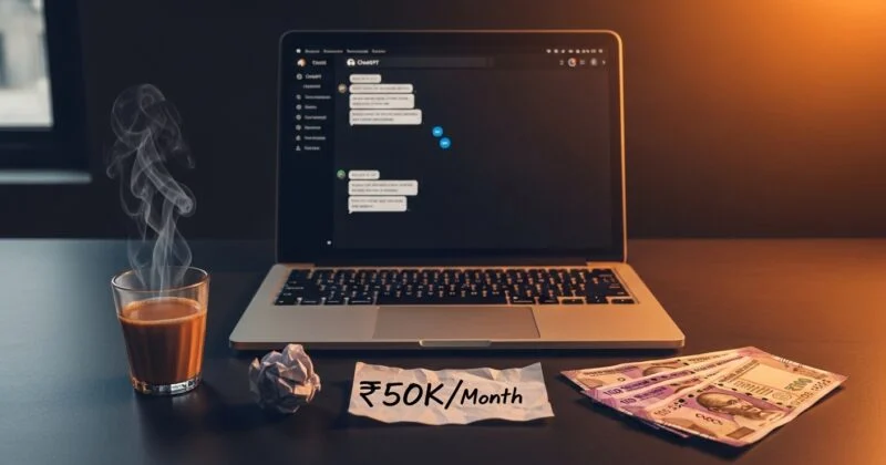 A dimly lit workspace scene featuring a laptop displaying a chat-style interface, suggesting online work or communication. In front of it, a handwritten note reads “₹50K/Month,” placed beside a small stack of Indian currency notes. A glass of hot coffee with visible steam sits to the left, along with a crumpled piece of paper. Warm light from one side contrasts with cooler tones on the other, creating a focused, late-night work atmosphere centered on earning or remote income.