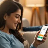 A woman sits comfortably on a couch in a warmly lit living room, smiling as she looks at her smartphone. The screen displays a digital payment or wallet interface showing an amount of ₹750, with options to proceed with a transaction. Soft lighting, cushions, and a blurred bookshelf in the background create a relaxed, everyday setting, suggesting convenient mobile banking or online payments from home.
