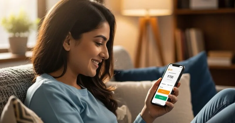 A woman sits comfortably on a couch in a warmly lit living room, smiling as she looks at her smartphone. The screen displays a digital payment or wallet interface showing an amount of ₹750, with options to proceed with a transaction. Soft lighting, cushions, and a blurred bookshelf in the background create a relaxed, everyday setting, suggesting convenient mobile banking or online payments from home.