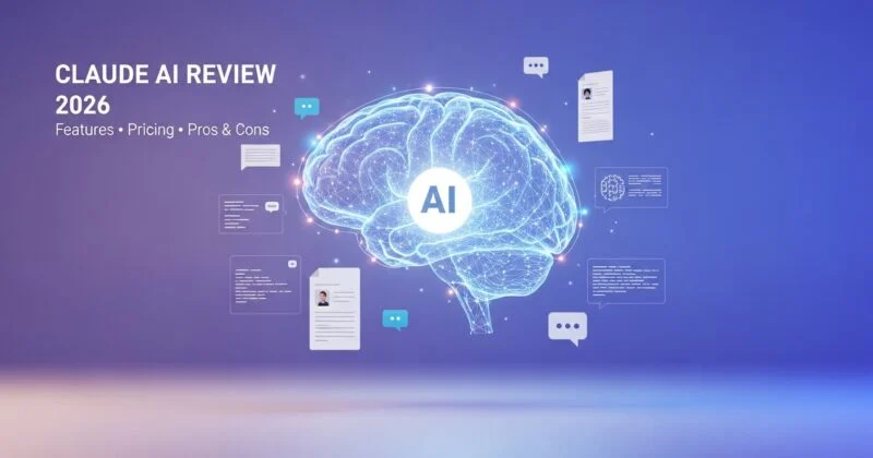 Claude AI Review 2026 feature image showing a glowing digital brain with AI interface elements, chat bubbles, documents, and text highlighting features, pricing, pros and cons