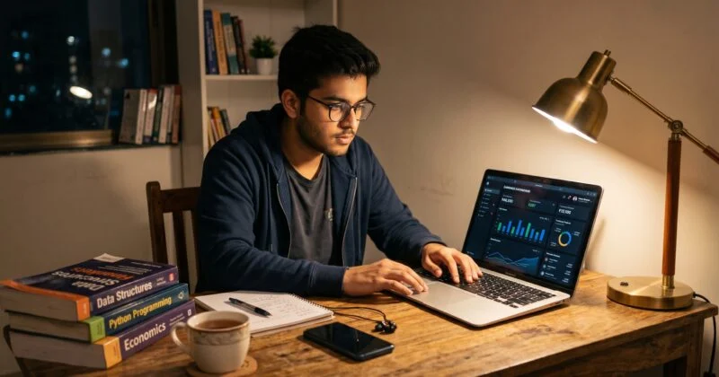 Indian college student studying data structures and working on laptop with analytics dashboard at night desk setup