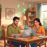 Young Indian man and woman working together on laptops from home in a cozy living room, with glowing Indian Rupee symbols floating above them, representing part-time work from home income opportunities in India.