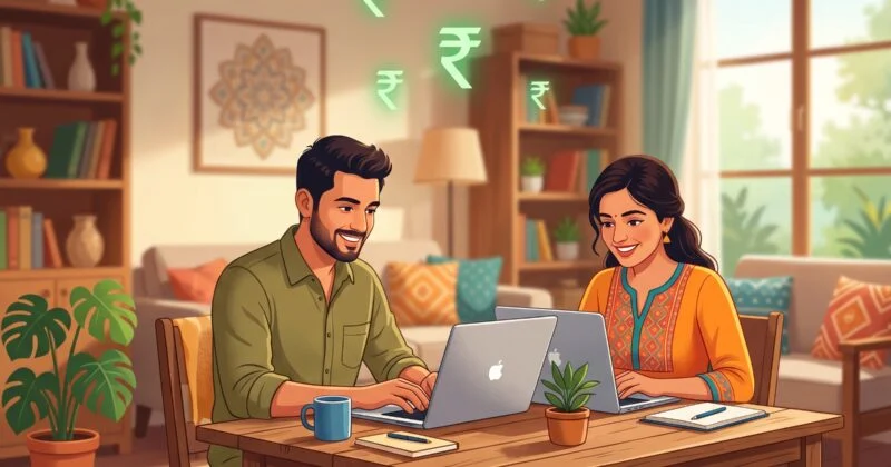 Young Indian man and woman working together on laptops from home in a cozy living room, with glowing Indian Rupee symbols floating above them, representing part-time work from home income opportunities in India.