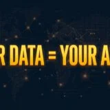 Bold text graphic stating your data equals your asset on a digital world map background representing data value and digital economy