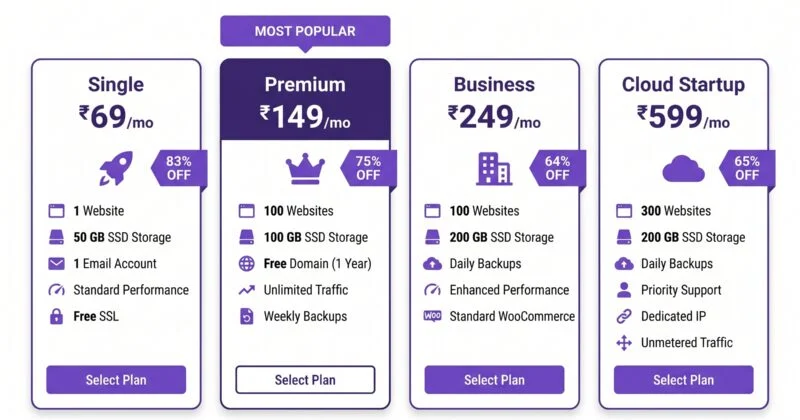 Modern web hosting pricing comparison table showing different hosting packages and monthly plans.