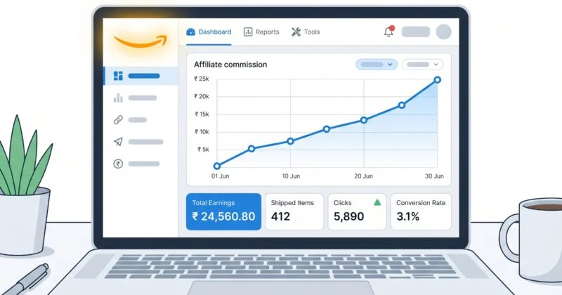 Amazon affiliate commission dashboard showing earnings growth, clicks, conversion rate, and shipped items analytics.