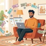 Young Indian man working on laptop from home with floating rupee notes and coins representing online earning and passive income.