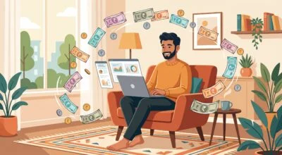 Young Indian man working on laptop from home with floating rupee notes and coins representing online earning and passive income.