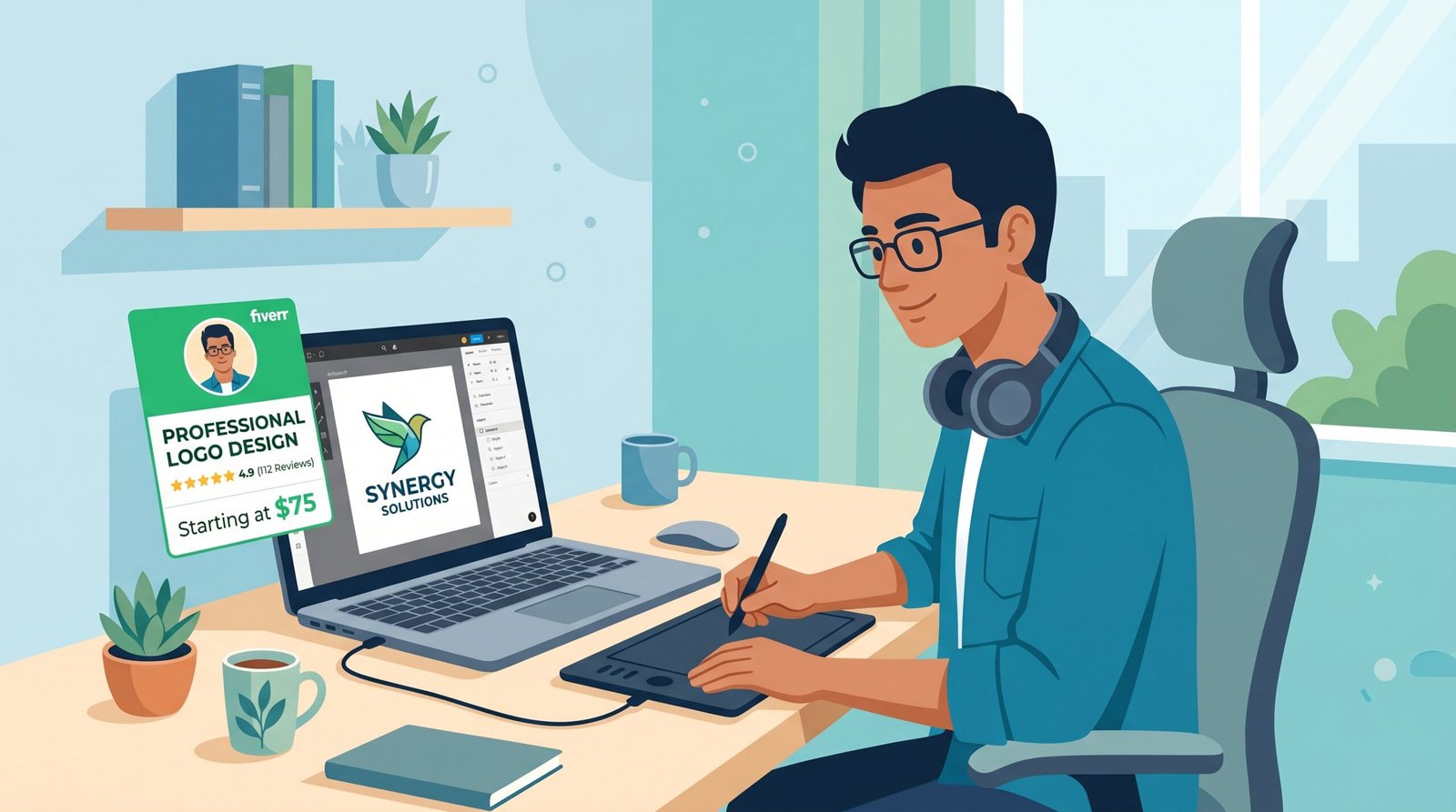 Indian freelancer earning on Fiverr with micro gigs — laptop open, gig dashboard visible