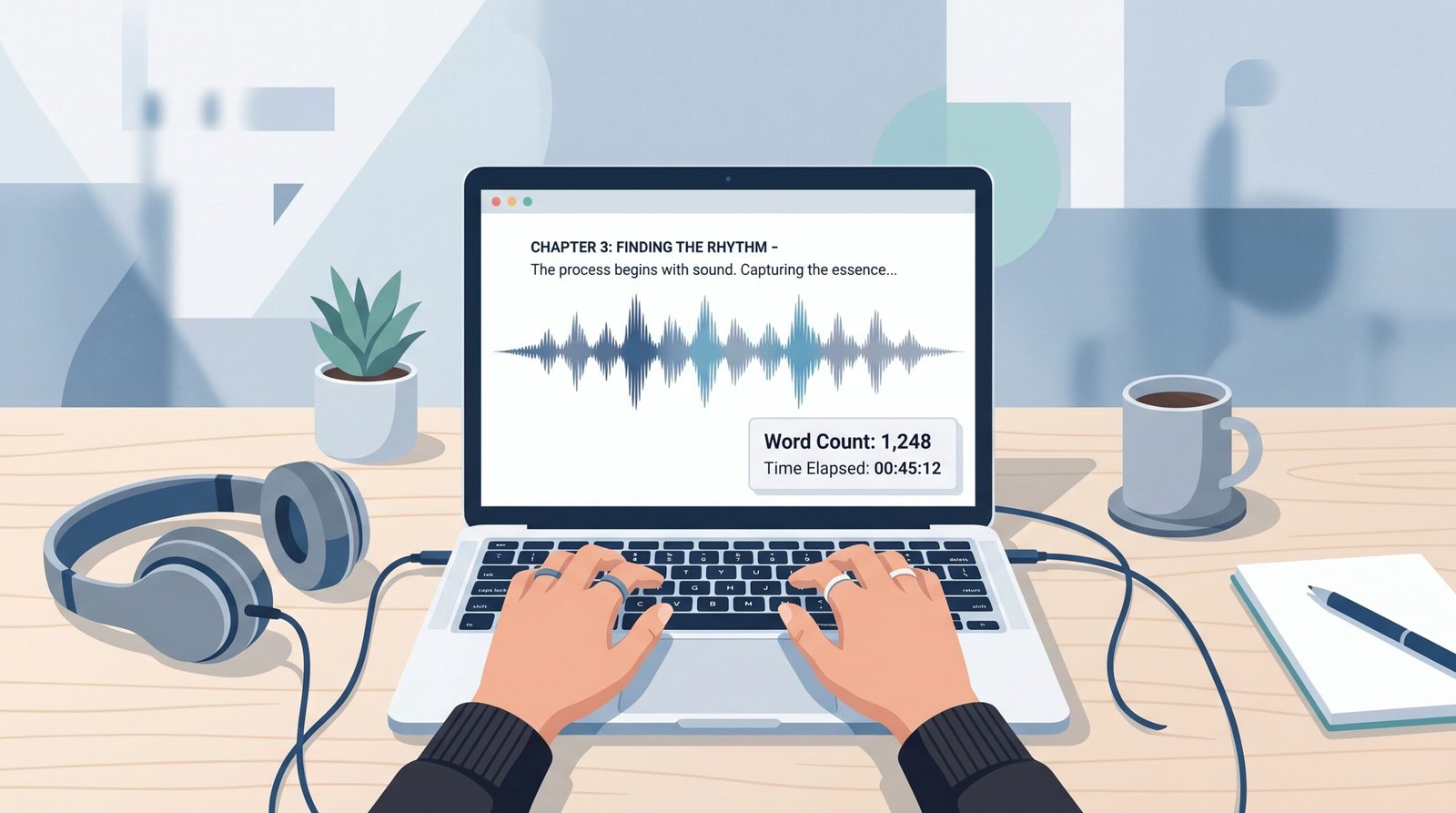 Make money with transcription work on GoTranscript India — headphones connected to laptop with audio waveform