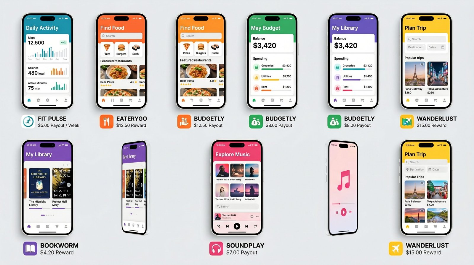 Top data selling apps shown on smartphone screens - Nielsen, Digi.me, Gener8, Swash, Killi, DataWallet