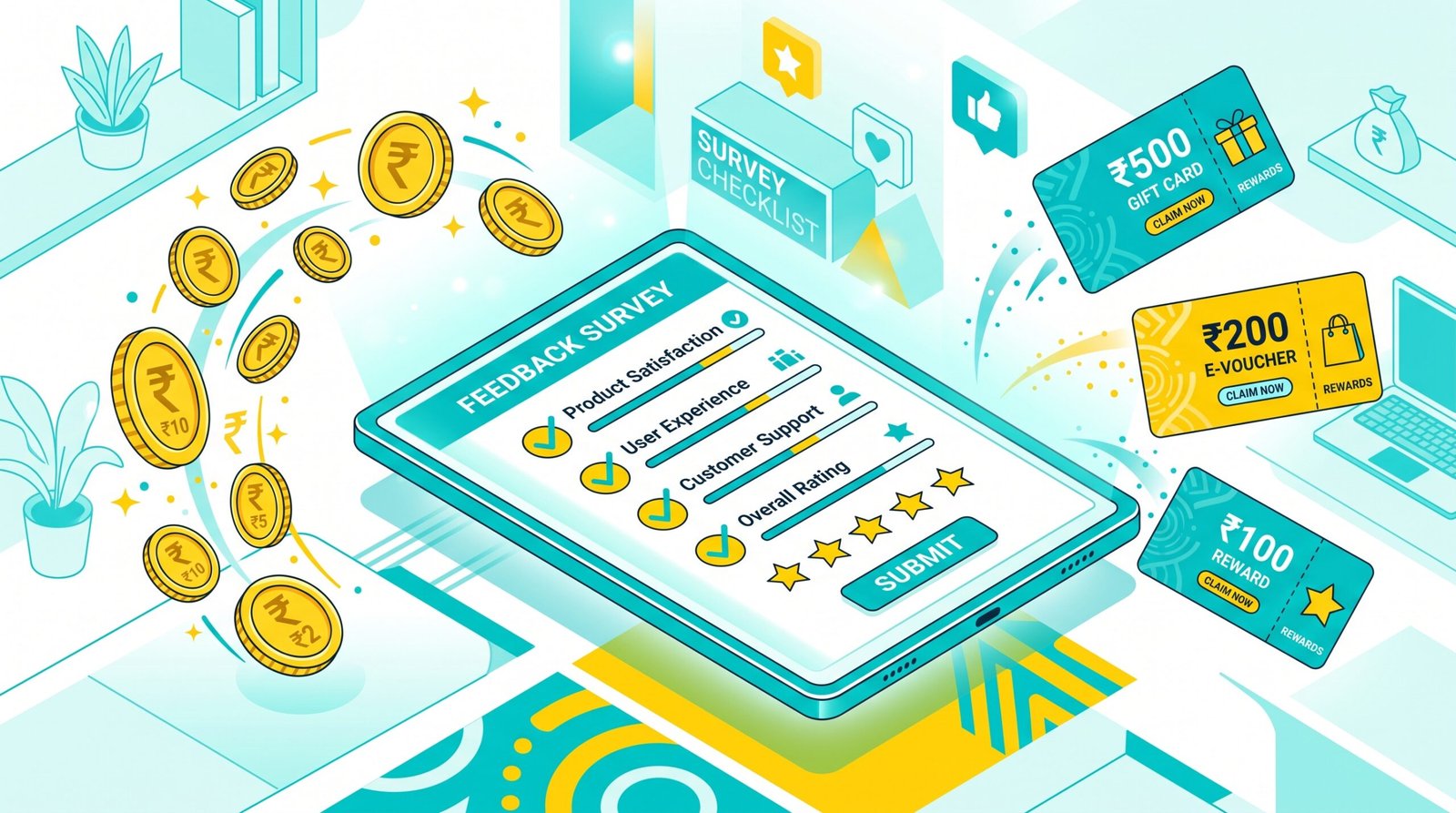 Earn money completing surveys on Swagbucks and ySense India — checklist survey form with rupee coins