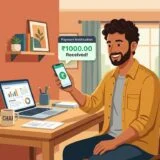 Happy man holding smartphone showing ₹1000 payment received notification in a home office setup.