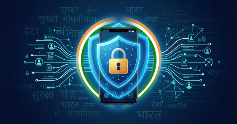 Smartphone par digital security shield aur lock ke saath DPDP Act 2026 ke data privacy aur user rights ko darshata hua illustration