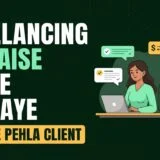 Illustrated thumbnail featuring two freelancers working on laptops with client messages, payment, reviews, and handshake icons. Bold Hindi text reads "Freelancing Se Paise Kaise Kamaye" and "Zero Se Pehla Client," representing a beginner's guide to earning money through freelancing.