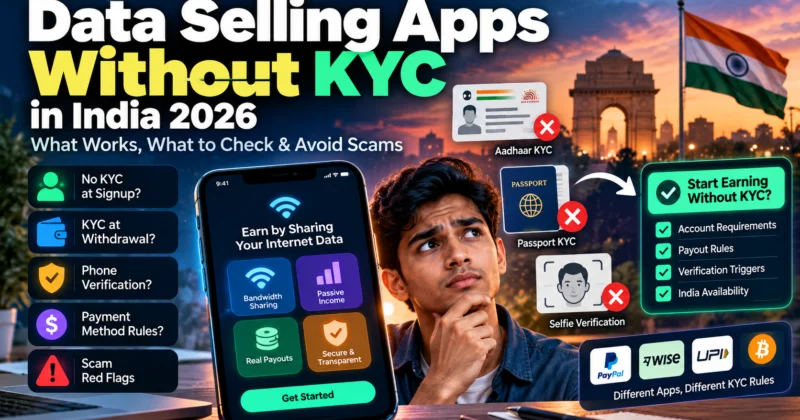Data selling apps without KYC in India 2026 showing verification, payout rules and scam checks