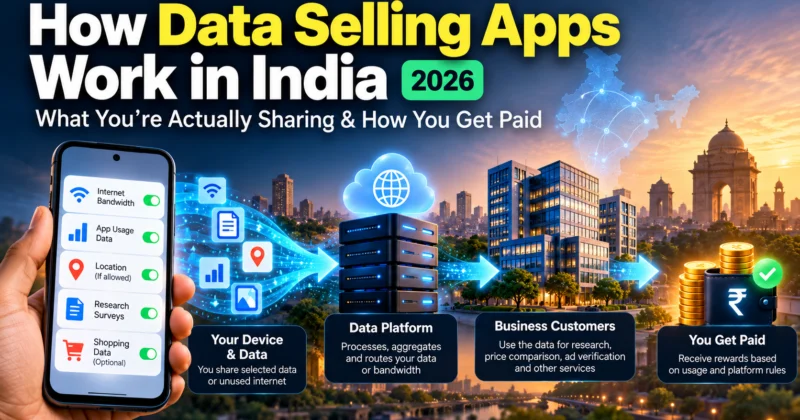 How data selling apps work in India 2026 showing data sharing, platforms, business customers and payouts