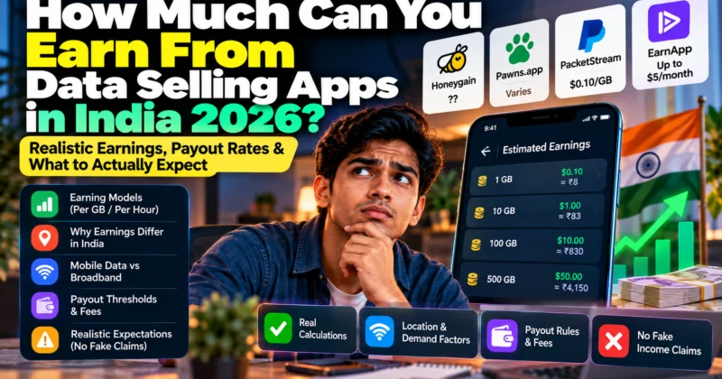 How much can you earn from data selling apps in India 2026 showing realistic earnings and payout rates