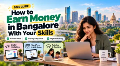 How to earn money in Bangalore with your skills in 2026, featuring digital marketing, WordPress web design, and tutoring opportunities.