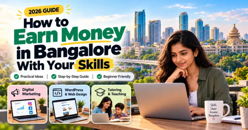 How to earn money in Bangalore with your skills in 2026, featuring digital marketing, WordPress web design, and tutoring opportunities.