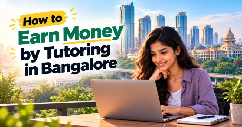 How to earn money by tutoring in Bangalore, featuring an online tutor working on a laptop against the Bangalore city skyline.