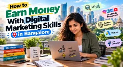 How to earn money with digital marketing skills in Bangalore, featuring SEO, social media management, content creation, paid ads, and lead generation.