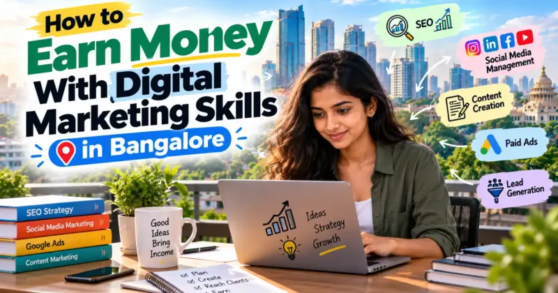 How to earn money with digital marketing skills in Bangalore, featuring SEO, social media management, content creation, paid ads, and lead generation.