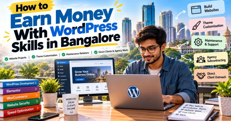 How to earn money with WordPress skills in Bangalore, featuring website development, theme customisation, website maintenance, and freelance projects.